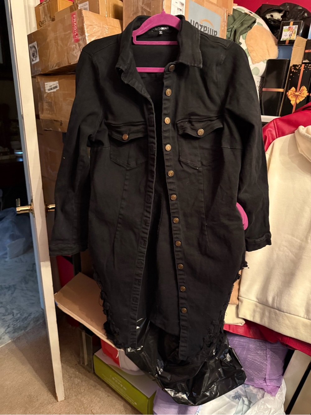 Fashion Nova Black Distressed Long Denim Jacket